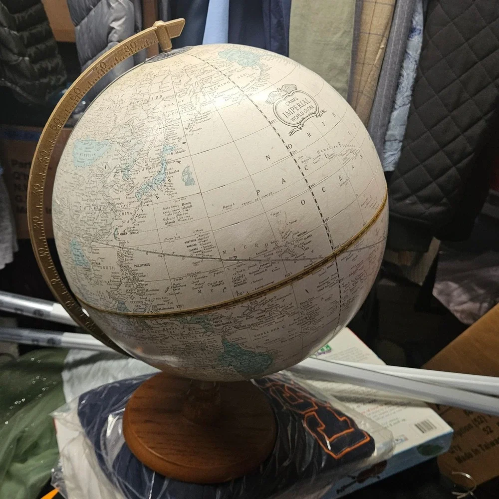 Crams Imperial World Globe Vintage Cream Map Wood Base Brass Meridian USA - Picture 7 of 8